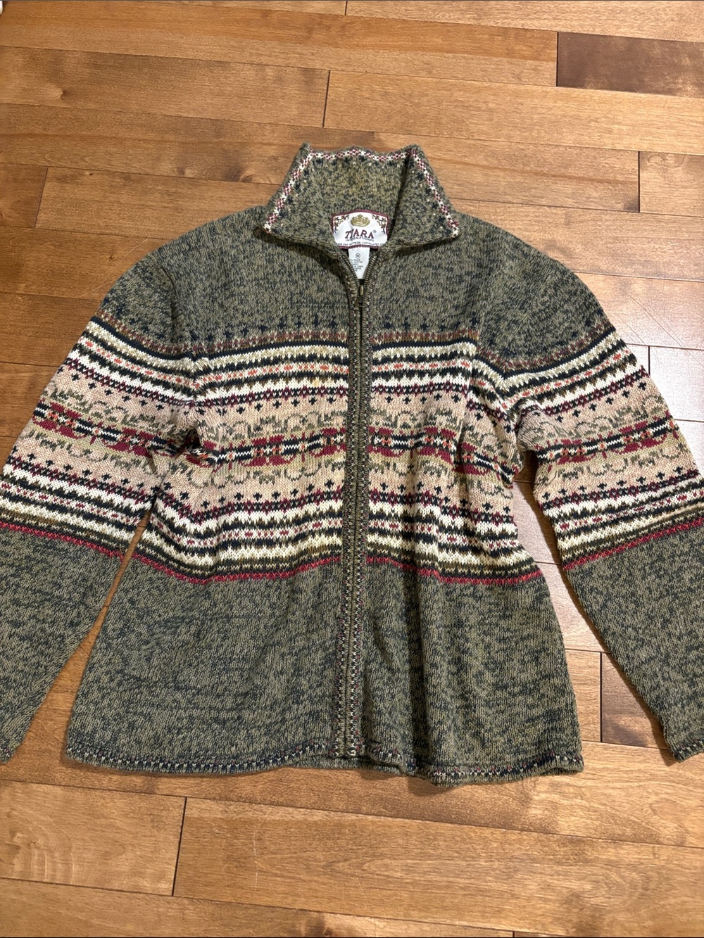 Vintage Cotton Olive, Cream & Burgundy Zip-Up Patterned Sweater